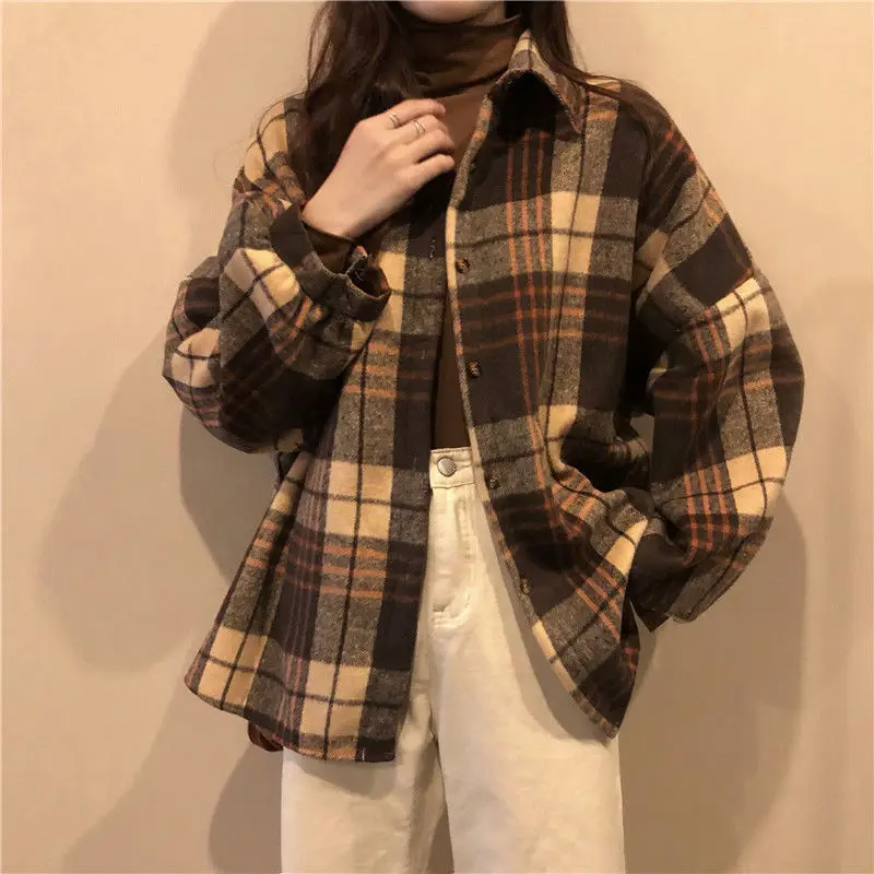 Блузка женская рубашка зимняя клетчатая свободная с длинным рукавом Куртка Blusas