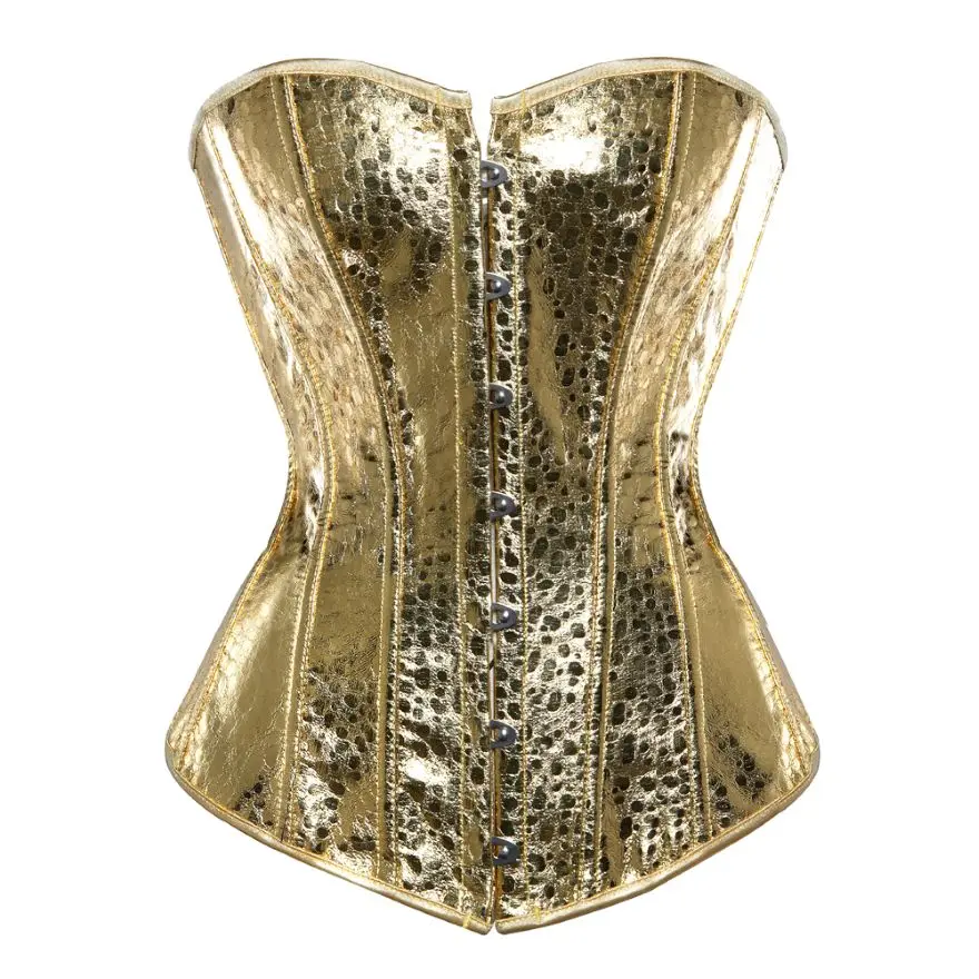 

Women Sexy Faux Leather Overbust Corset Bustier Showgirl Waist Cincher Burlesque Corset Lingerie Top Gold/Silver S-6XL