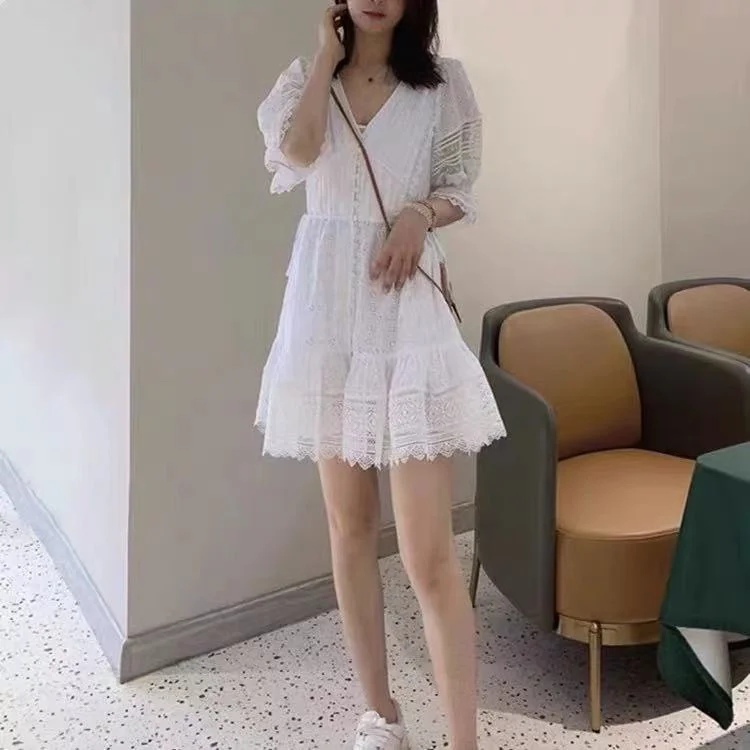 

dresses woman summer 2021 white V-neck tie casual party dress French brand half sleeve midi Elegant dresses for women