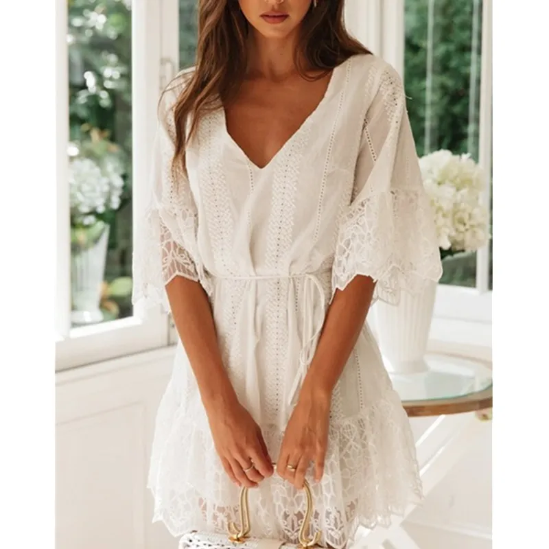 ТРАПЕЦИЕВИДНОЕ хлопковое женское платье с вышивкой элегантное белое v-образным
