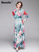 autumn fashion runway long sleeve maxi dress womens lapel single breasted floral print blue vacation pleated long vestidos