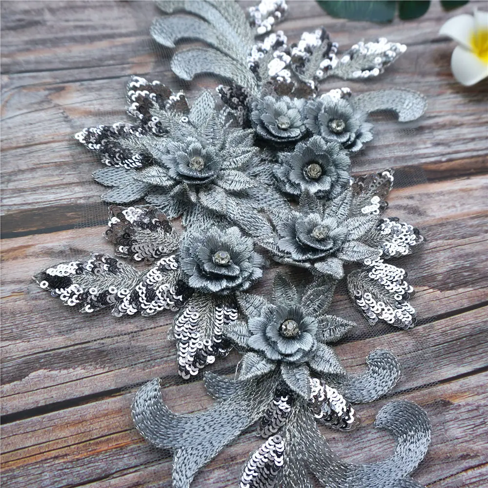 Серая Серебристая кружевная ткань блестки 3D цветы стразы кисточки свадебное