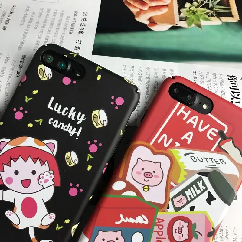 Cute Cartoon Cat Milk Lovely Lucky Black Red Case Hard plastic Cover Funda Coque For iPhone 8 7 plus X XR XS Max Bag |