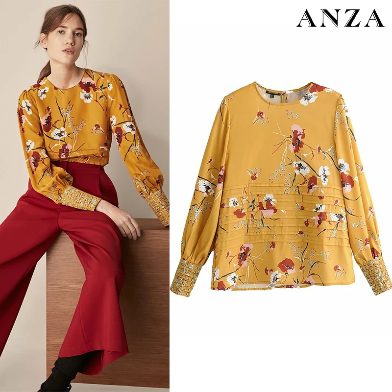 Женская шифоновая блузка с цветочным рисунком ZA желтая длинным рукавом лето 2020 |