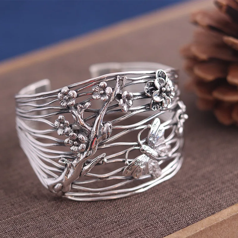 

925 Sterling Silver Female Classic Big Bangle 45mm Width Retro Butterfly & Plum Blossom Ethnic Luxury Open Jewelry Bangle