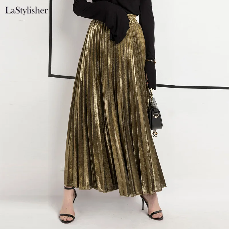Женская длинная юбка с высокой талией золотистая эластичная плиссированная