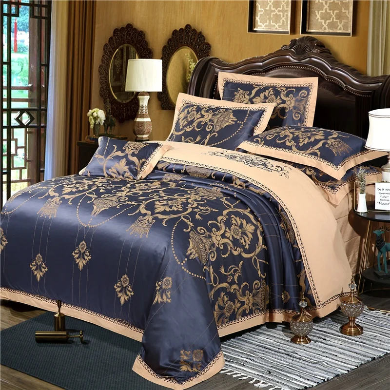 

Luxury black Bedding Sets silk cotton Embroidery Jacquard Queen/King Size Duvet Cover Set wedding Bedclothes /fitted Bed Linen