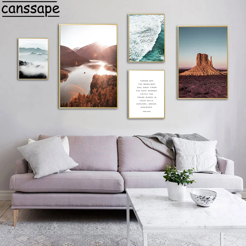 

Scandinavia Canvas Painting Mountain Lake Wall Art Print Fog Forest Art Poster Ocean Prints Nordic Aesthetic Living Room Decor