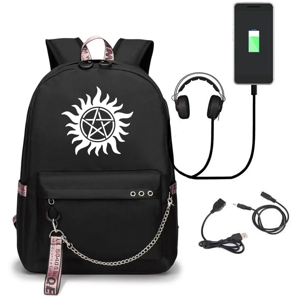Mochila con estampado Supernatural SPN Wing USB, bolso escolar con cadena para auriculares, Mochila de viaje para ordenador portátil