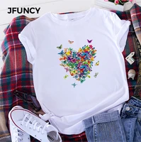 jfuncy women summer t shirt woman short sleeve tops butterfly heart print tshirt plus size casual loose female cotton tees