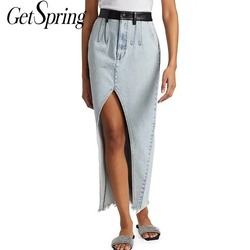 

Getspring Women Skirt Hole Irregular Long Denim Skirts Womens All Match Asymmetry Vintage Long High Waist Skirts Women 2021 New