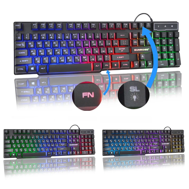 Игровая клавиатура RGB с подсветкой 2400DPI звуковая игровая мышь набор русская