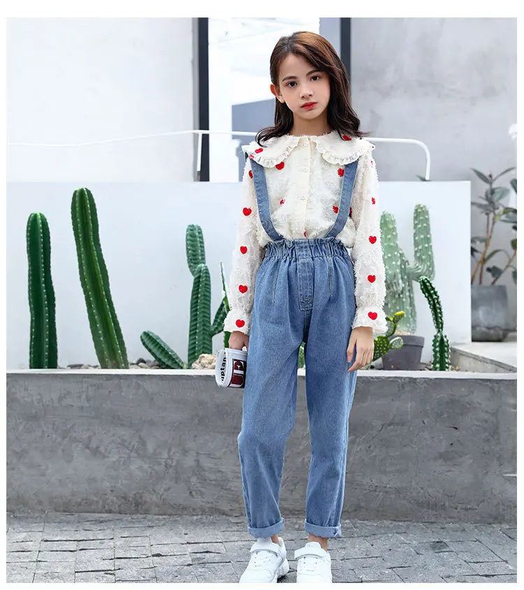 

2020 Children Clothing Spring Autumn Dot Blouse + Denim Pants Girls Clothing Sets Kids Clothes For Girls 3-13 Years