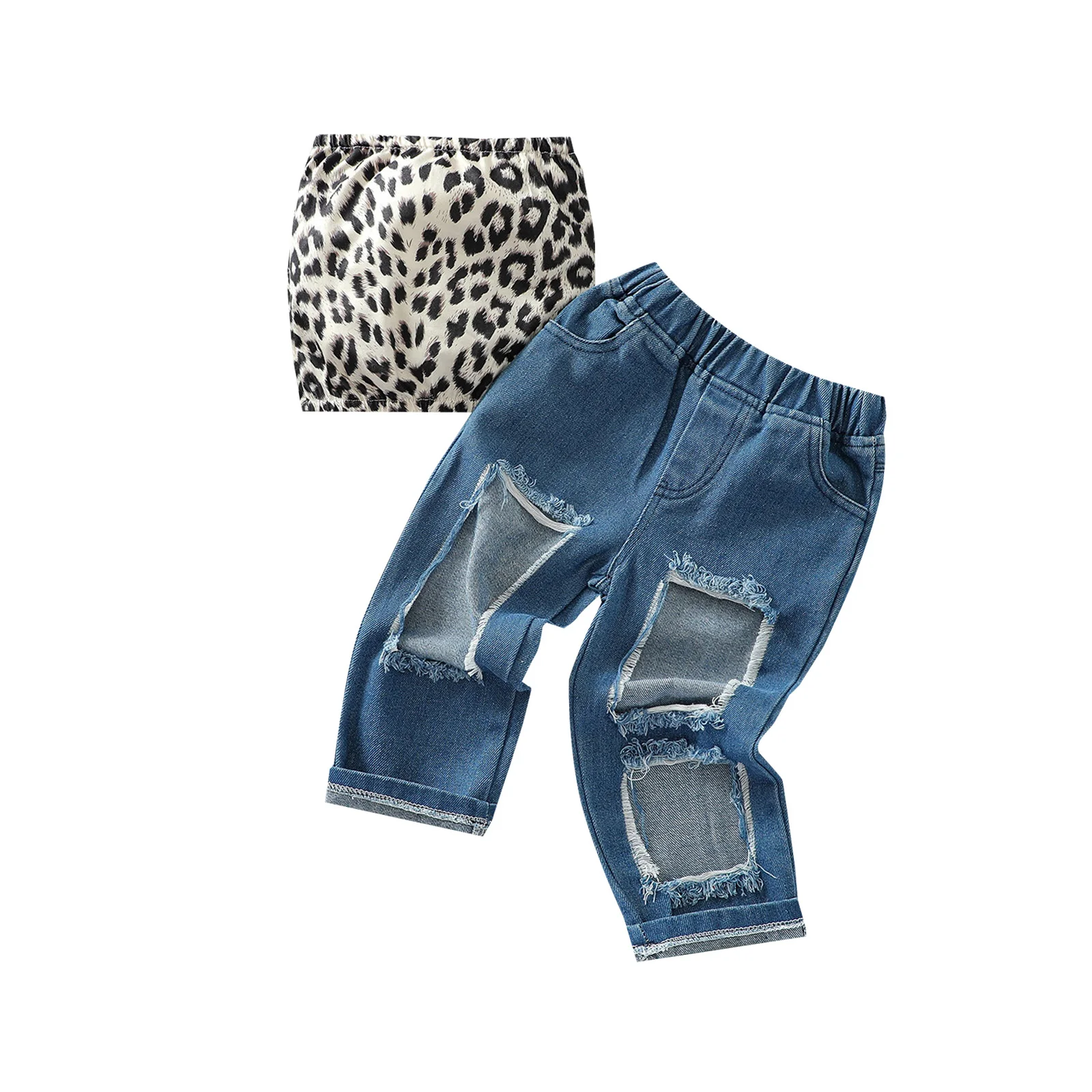 

2021 Summer Children's Clothing Leopard Pattern Off Shoulder Crop Tops Elastic Waist Ripped Jeans Fashion Clothing For Girls Set