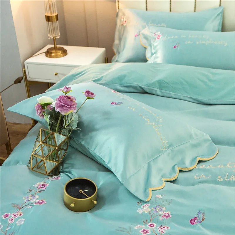 

Green Yellow Flowers Embroidery Soft Breathable Bedding Set Washed Silk Cotton Duvet Cover Bed Linen Fitted Sheet Pillowcases
