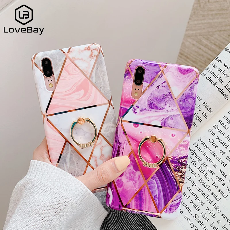 Lovebay New Phone Case For Huawei P30 P20 Pro Lite Mate 20 Soft IMD With Finger Ring Holder Geometric Marble Back Cover |