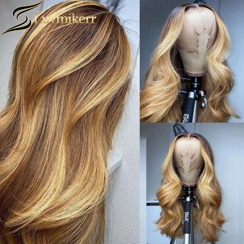 

Omber Highlight Brown Honey Blonde Colored 13x6 Hd Lace Front Wig Human Hair Wavy Full Lace Frontal Women Bleached Knots Wigs