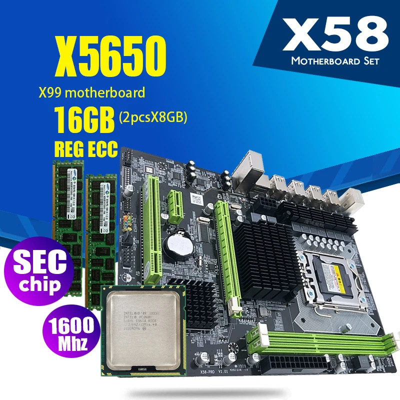 Материнская плата Atermiter X58 LGA1366 Combos X5650 ЦПУ 2 шт. x 8 ГБ = 16 DDR3 ОЗУ 1600 МГц PC3 12800R |