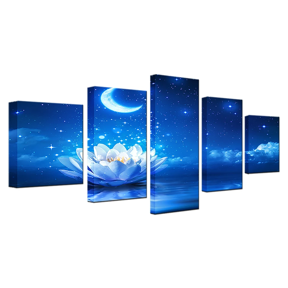 

Canvas HD Prints Poster Living Room Wall Art 5 Pieces White Lotus Painting Home Decor Moonlight Water Lilies Flowers Pictures