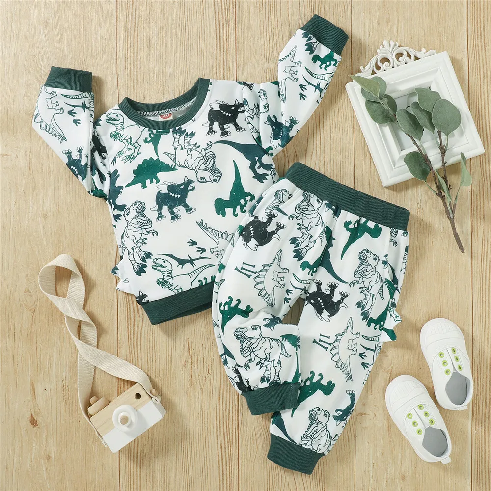 

Newborn Baby Boys Two-Piece Clothes Set Autumn Winter Warm Kids Cartoon Dinosaur Printed Pullover Top Sweatshirts And Pants
