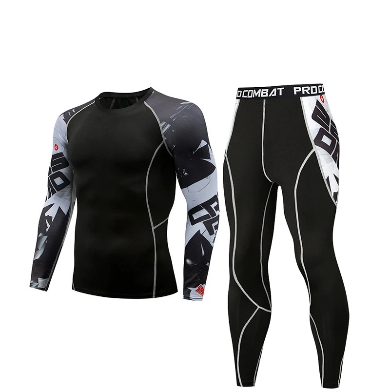 Men Sports MMA boxing Set Compression T-Shirt+Pants Skin Tire Long Sleeves Fitness Rashguard Training Clothes Gym Yoga Suits | Спорт и