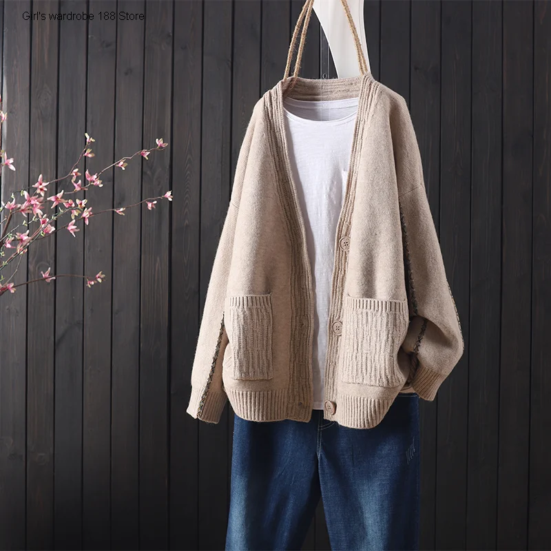 

New spring products solid color versatile loose T-shirt women's pocket button large sweater cardigan