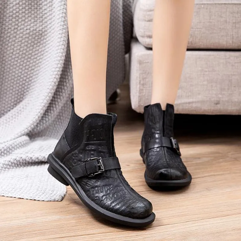 

Genuine Leather Short Boots Ladies Black Print Flat Casual Boots Spring Autumn Ankle Boots Women Vintage Handmade Women Shoes