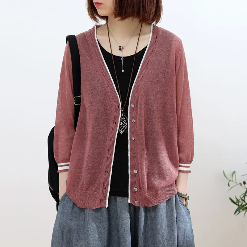 

Women 2021 Summer Fashion Ice Silk Knitted Cardigan Jacket Female Thin Sunscreen Shirts Ladies V-neck Loose Blouses W137