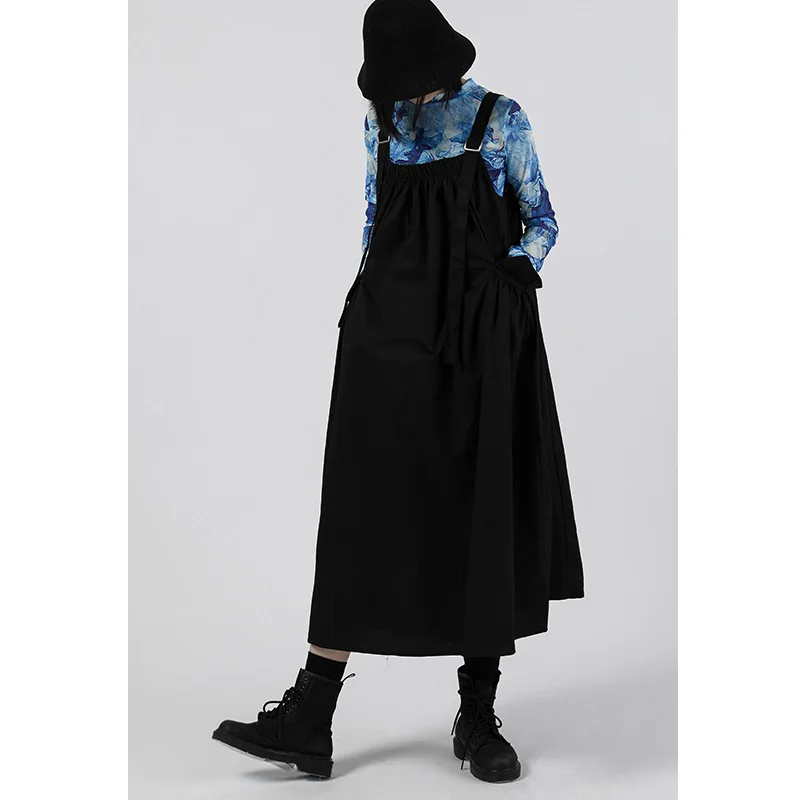 

2021 Summer Women's New Strap Dress Dark Long Dress Pure Black Hong Kong Wind Slim Joker Dress Plus Size