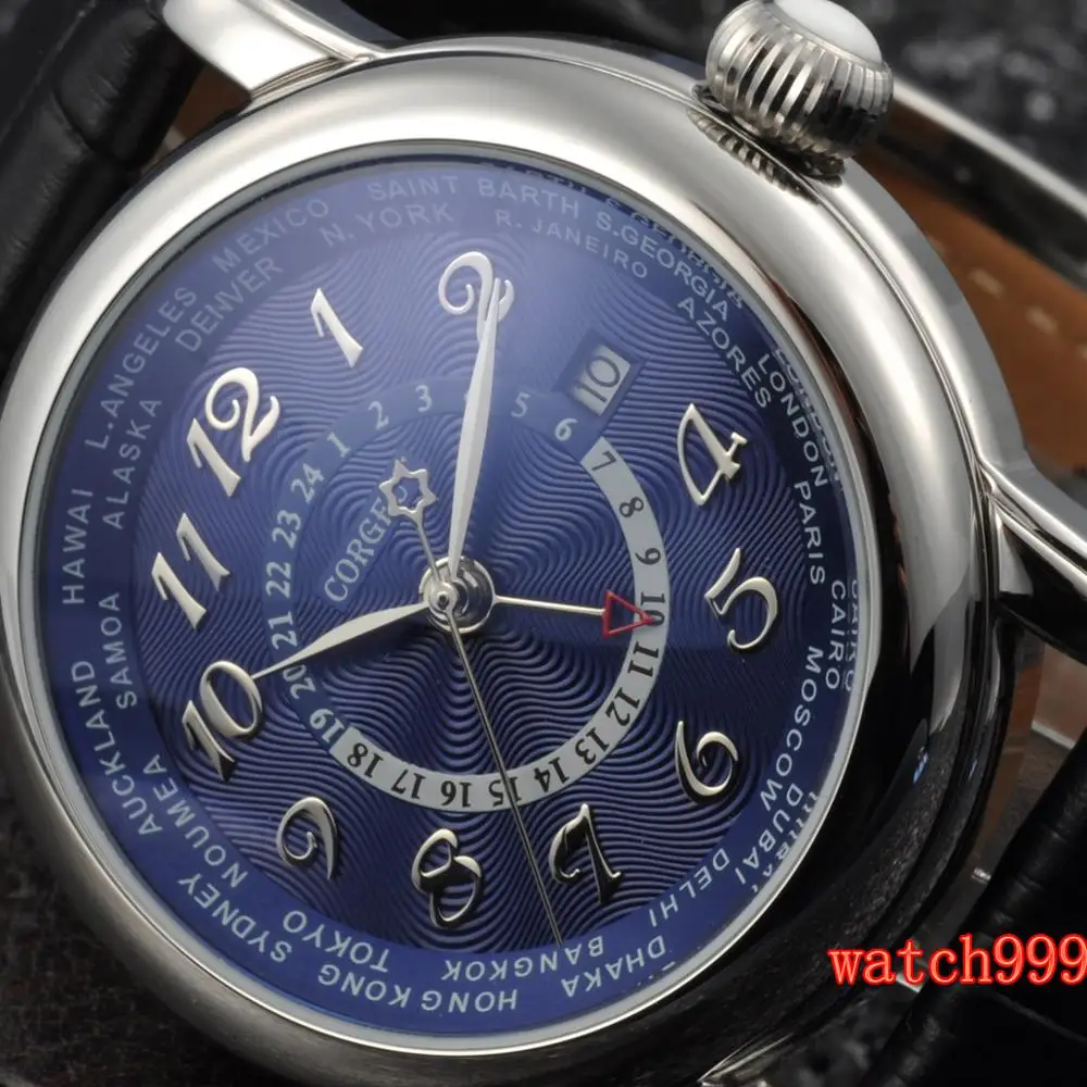 Corgeut 43 мм синий циферблат серебряный корпус GMT автоматические мужские модные