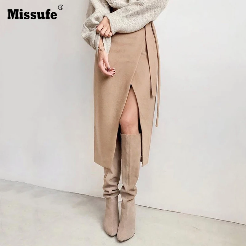 Missufe/длинная замшевая юбка цвета хаки Женская осенне зимняя повседневная со