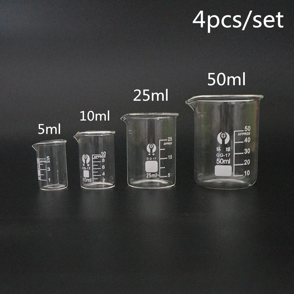 4 pz/set 5ml/10ml/25ml/50ml bicchiere di vetro Pyrex becher Lab misurino per uso laboratorio o cucina