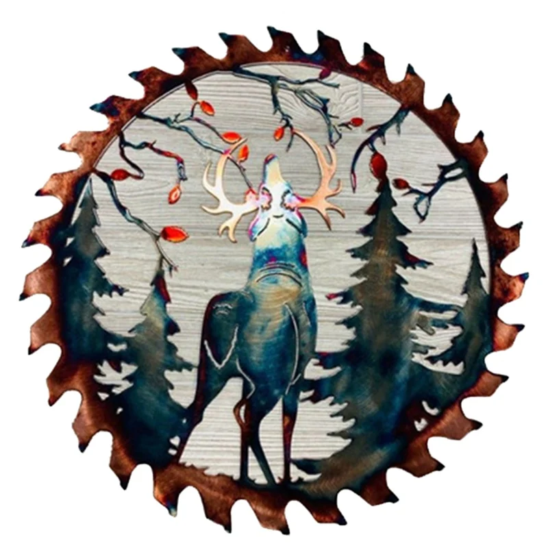 

Wall Deer Metal Wall Art Forest Tree Sculpture Wall Art Decor for Indoor Outdoor Elk Saw Blade Hanging Home Deocr