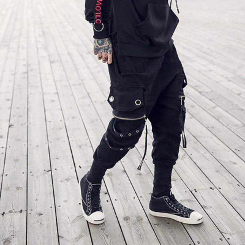

LOVZON Drawstring Casual Men Joggers Black Sweatpants Ribbon Hip Hop Men Streetwear Casual Trousers Cross-pants High Quality