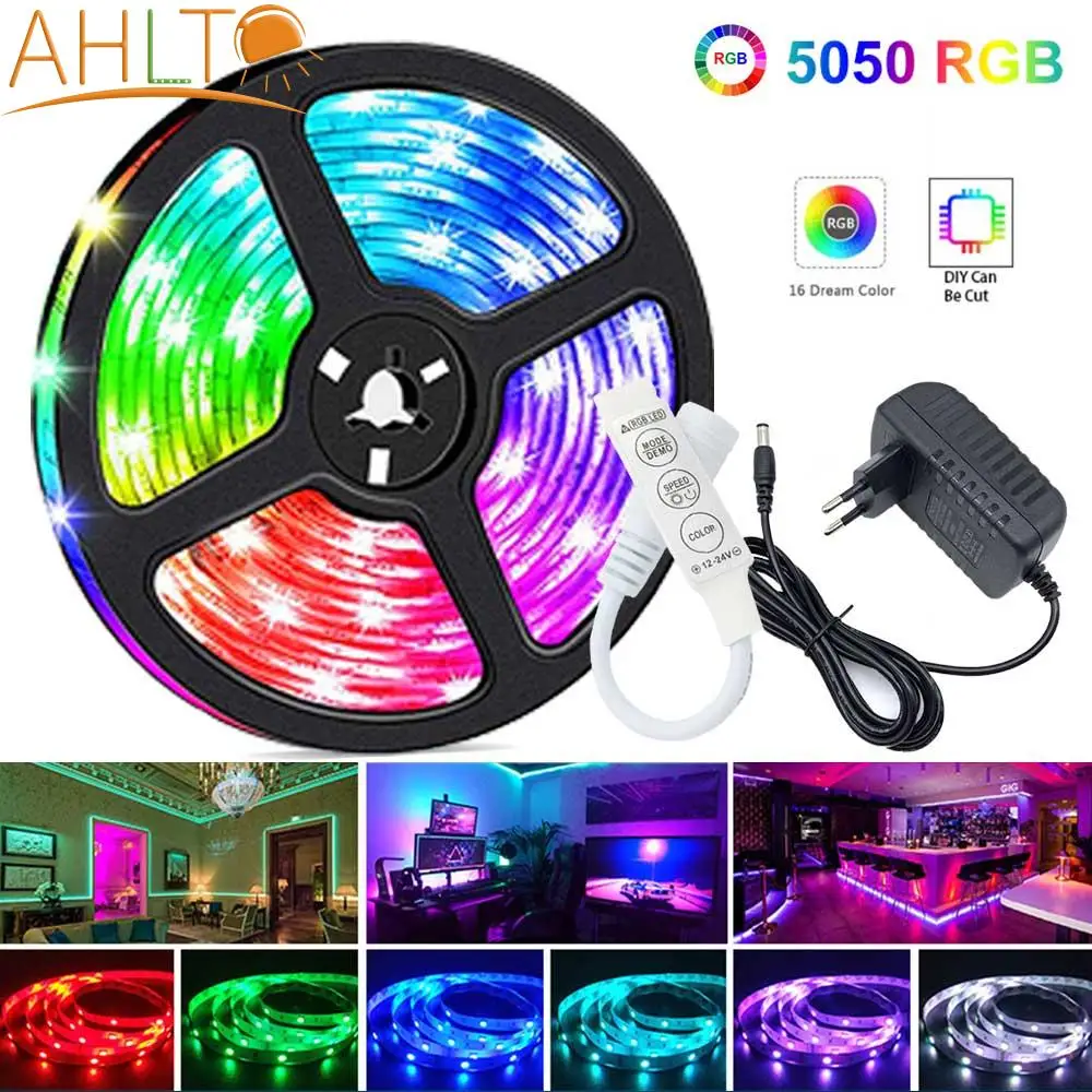 

Светодиодные ленты, 5 м, 3K, контроллер, Гибкая RGB 5050, декоративная подсветильник ка, лампа, ночсветильник, светящаяся неоновая лента для спаль...