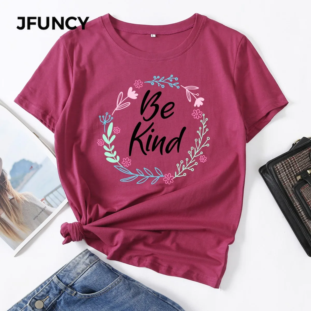 

JFUNCY, 100% хлопковые рубашки размера плюс, женские топы с буквенным принтом, повседневная женская футболка, летняя женская футболка, женская фу...