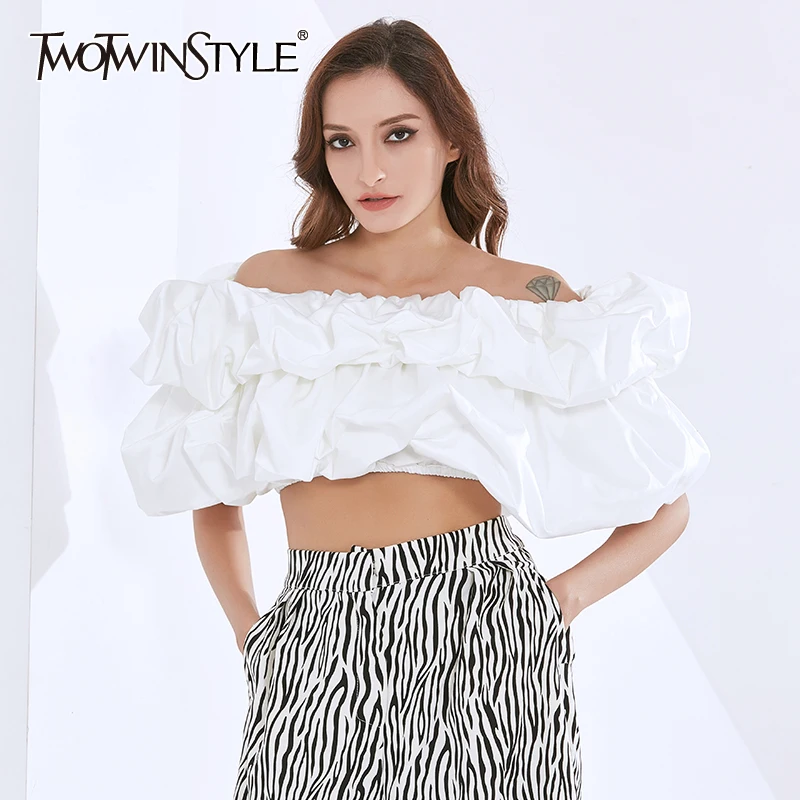 

TWOTWINSTYLE, белые элегантные рубашки для женщин, с вырезом лодочкой, с фонариком, с коротким рукавом, блузки для женщин, 2020, модная Новая летняя о...