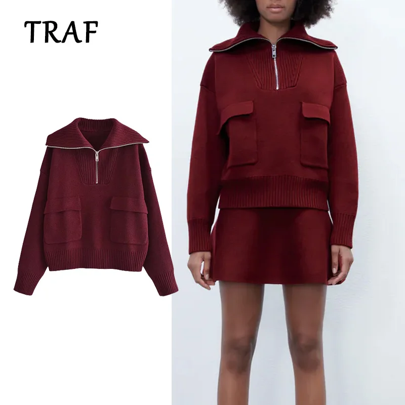 

TRAF 2022 Women Sweater Casual Fashion New Zipper Decoration Knitting Sweater Solid Color Vintage Pullovers Tops