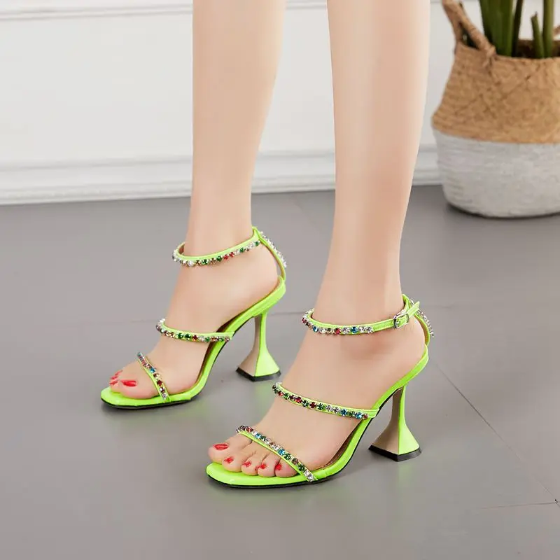 

DDYZHY Colorful Crystal Diamond Ankle Buckle Strap Strange Heels Shoes Woman Summer Fashion Square Toe Sandals Green Golden35-42
