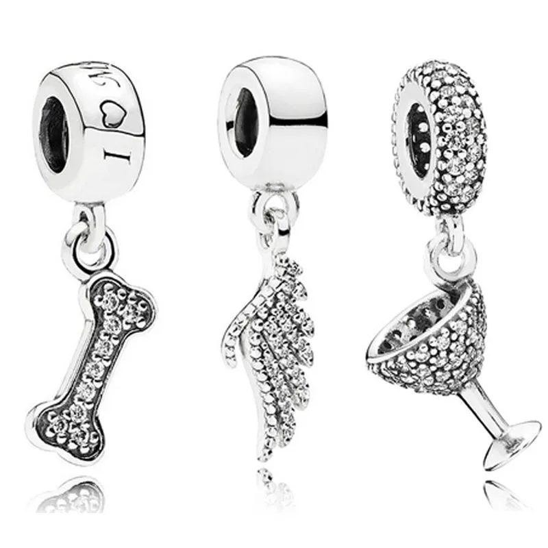 Original Love My Dog & Bone Majestic Feathers With Crystal Pendant Bead Fit Europe Bracelet 925 Sterling Silver Charm Jewelry