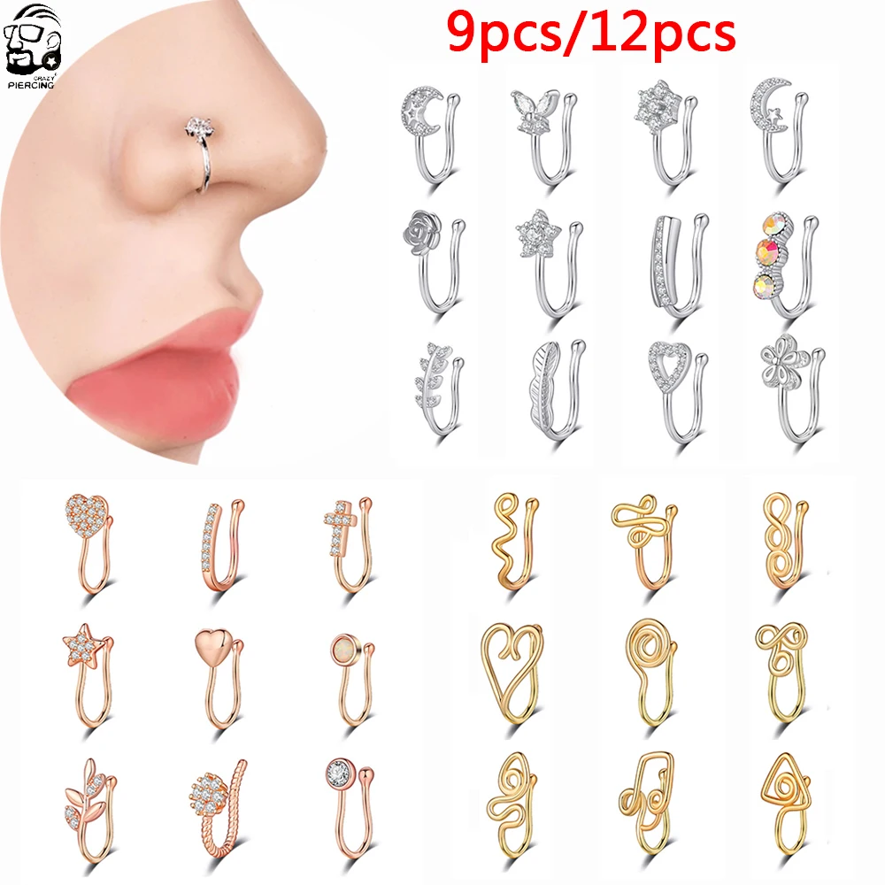9Pcs/Set Flower Butterfly Fake Nose Ring Set Crystal Non Piercing Ear Cuff Cartilage Earrings Clip On Faux Lip Piercings Jewelry