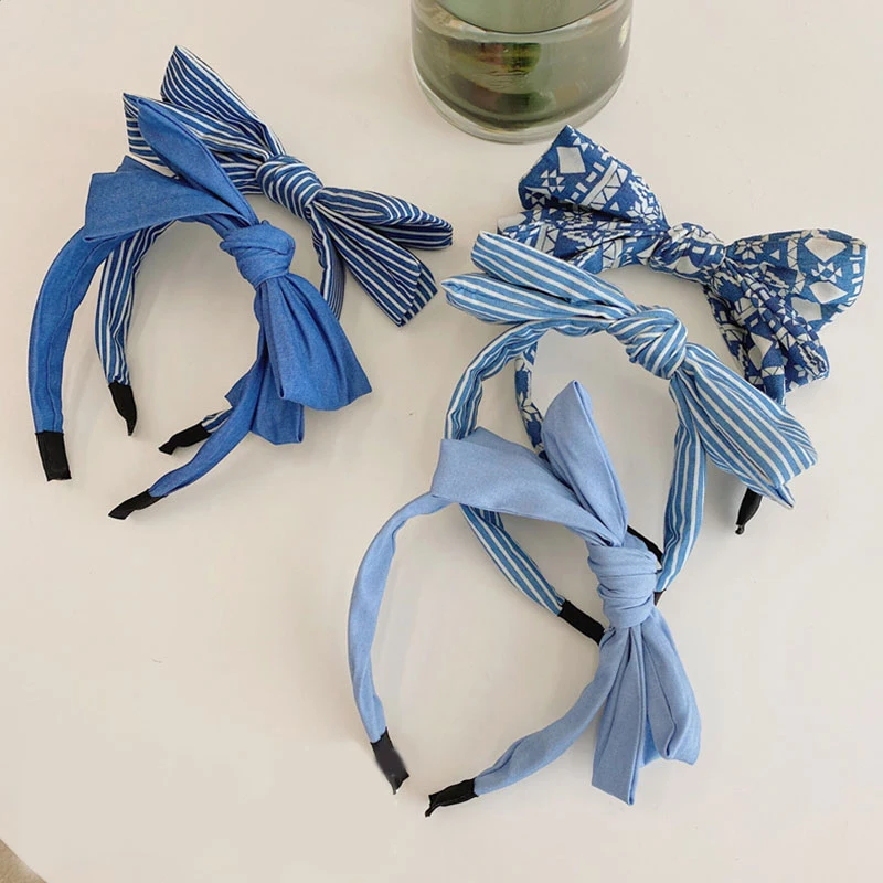 

Blue Double Layer Bow Hair Hoop Denim Bowknot Headband Striped Wide Head Hoop Simple Fashion Hair Accessories Headwear Hairbands