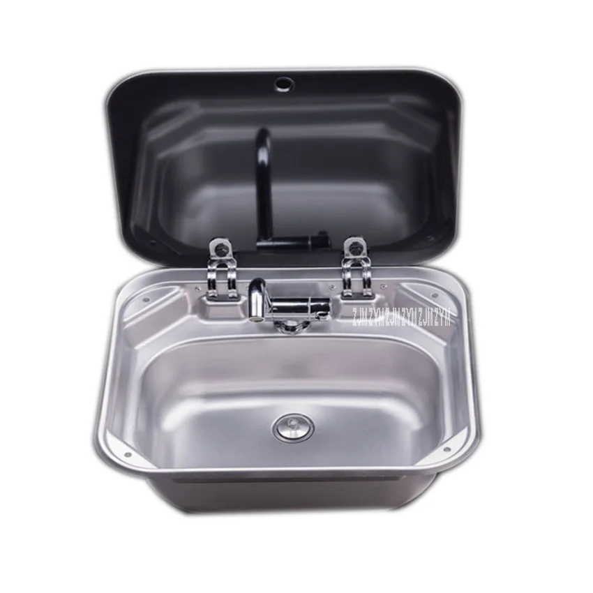 

PS-698 Quality 304 Stainless Steel Single Slot Caravan Sink RV Camper Sink With a Right Angle Drainer Folding Faucet Glass Cover