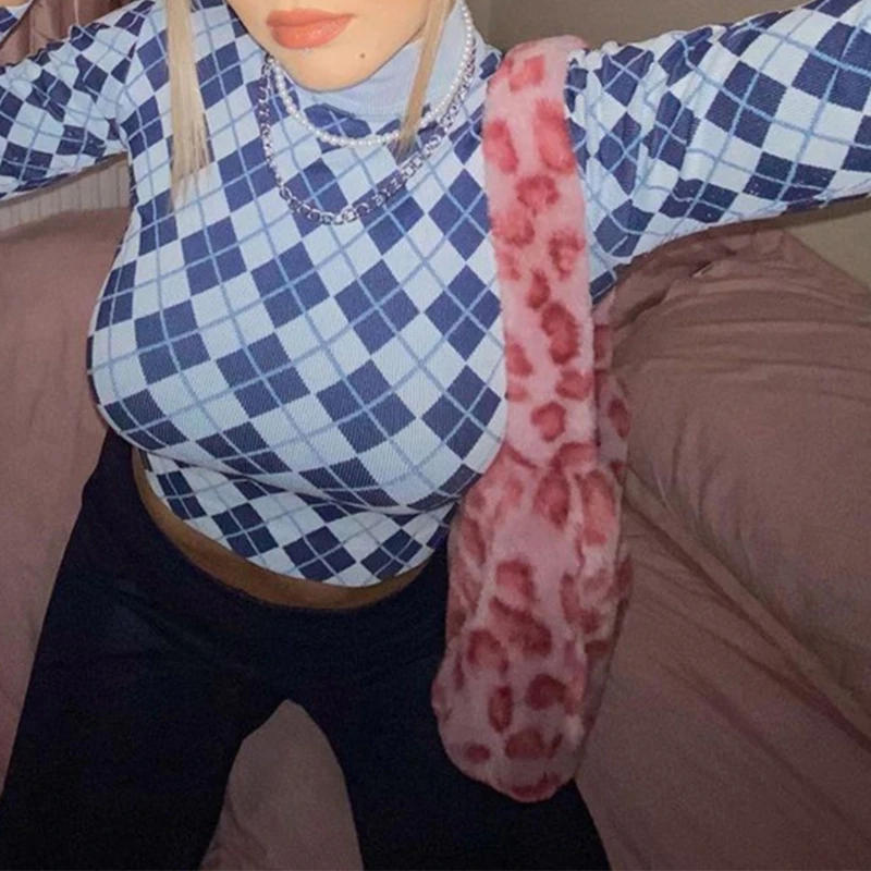 

Women Autumn Long Sleeve Turtleneck T-Shirt Vintage Argyle Plaid Printed Pullover Crop Top Ribbed Knitted Casual Slim M7DD