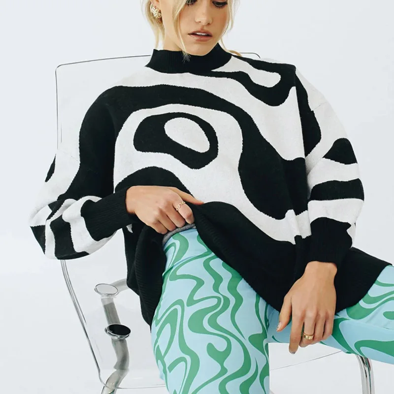 

Women Autumn Winter Za Sweaters Knitted Soft Print Long O-Neck Jumpers Oversized Pullovers Streetwear Loose Warm Outerwear 2021