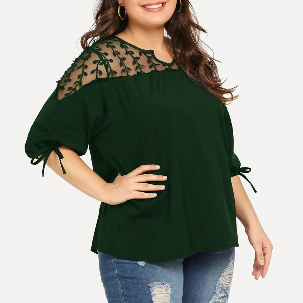 Женская футболка размера плюс с рукавом фонариком и О образным вырезом шифоновые