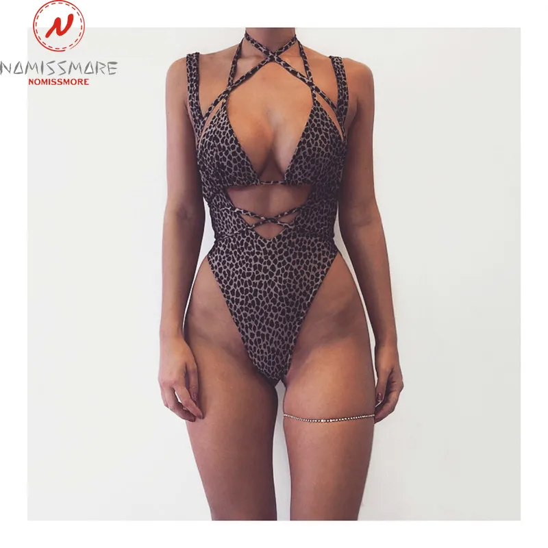Женский купальник без рукавов Леопардовый бандажный комбинезон с принтом