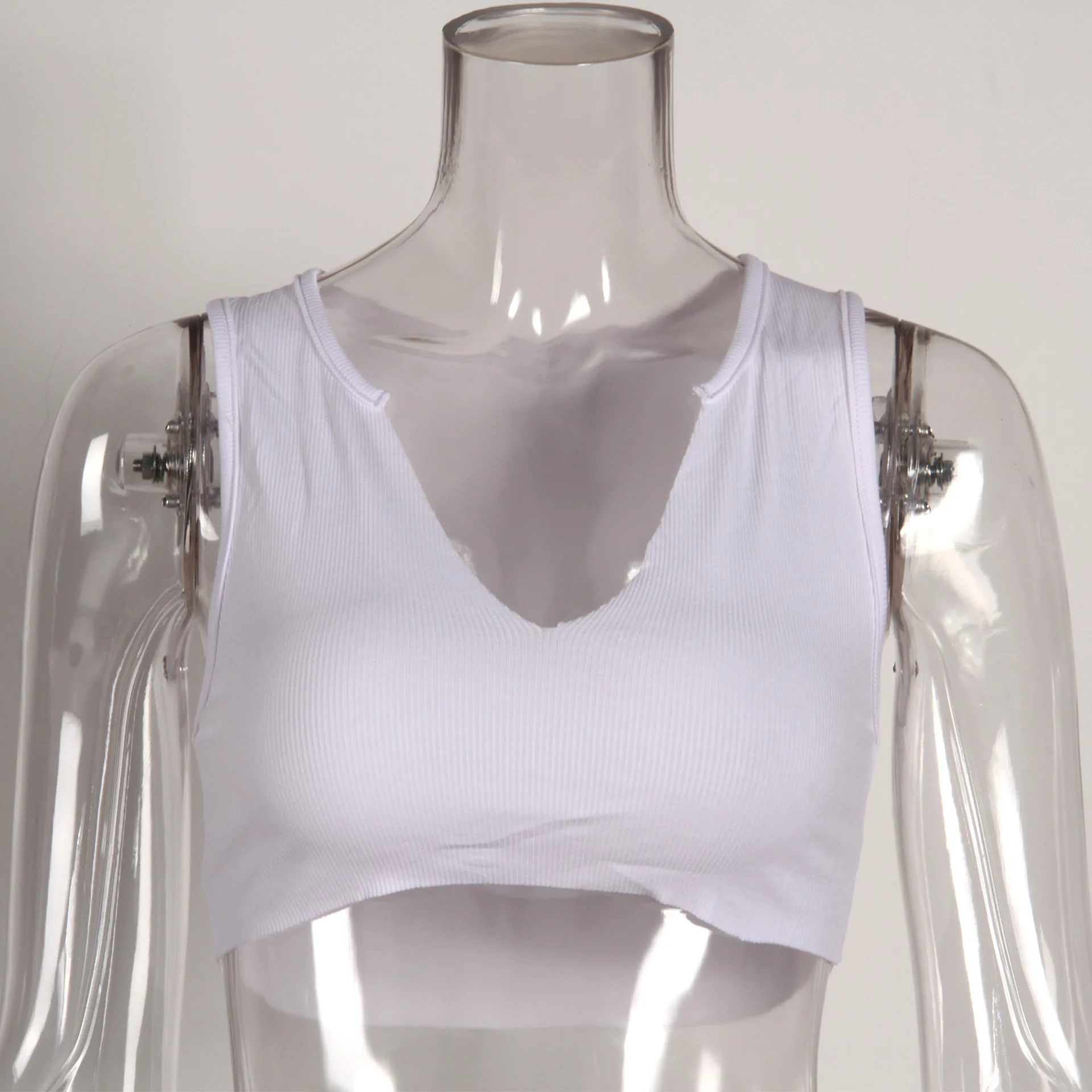 

BOOFEENAA Black White Ribbed Knit Tank Tops for Womens Summer Clothing Pullover Deep V Neck Sexy Crop Top T Shirt C99-BB10