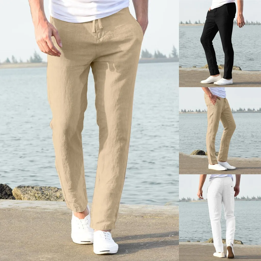 

Feitong Fashion Cotton Linen Pants Men Casual Work Solid White Elastic Waist Streetwear Long Pants Trousers