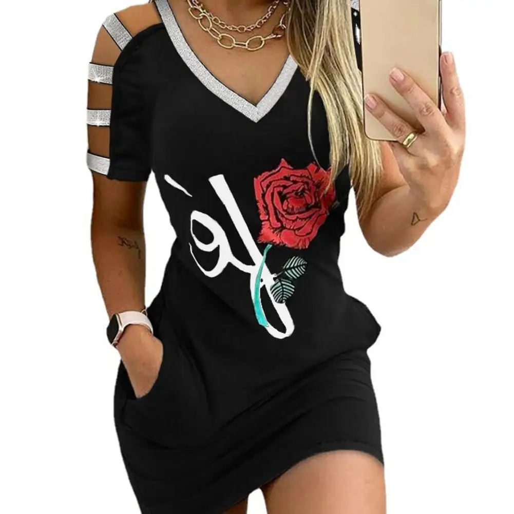 

2021 New Summer Ladies Dress V Neck Elastic Black Women Rose Print Short Sleeve Dress for Party